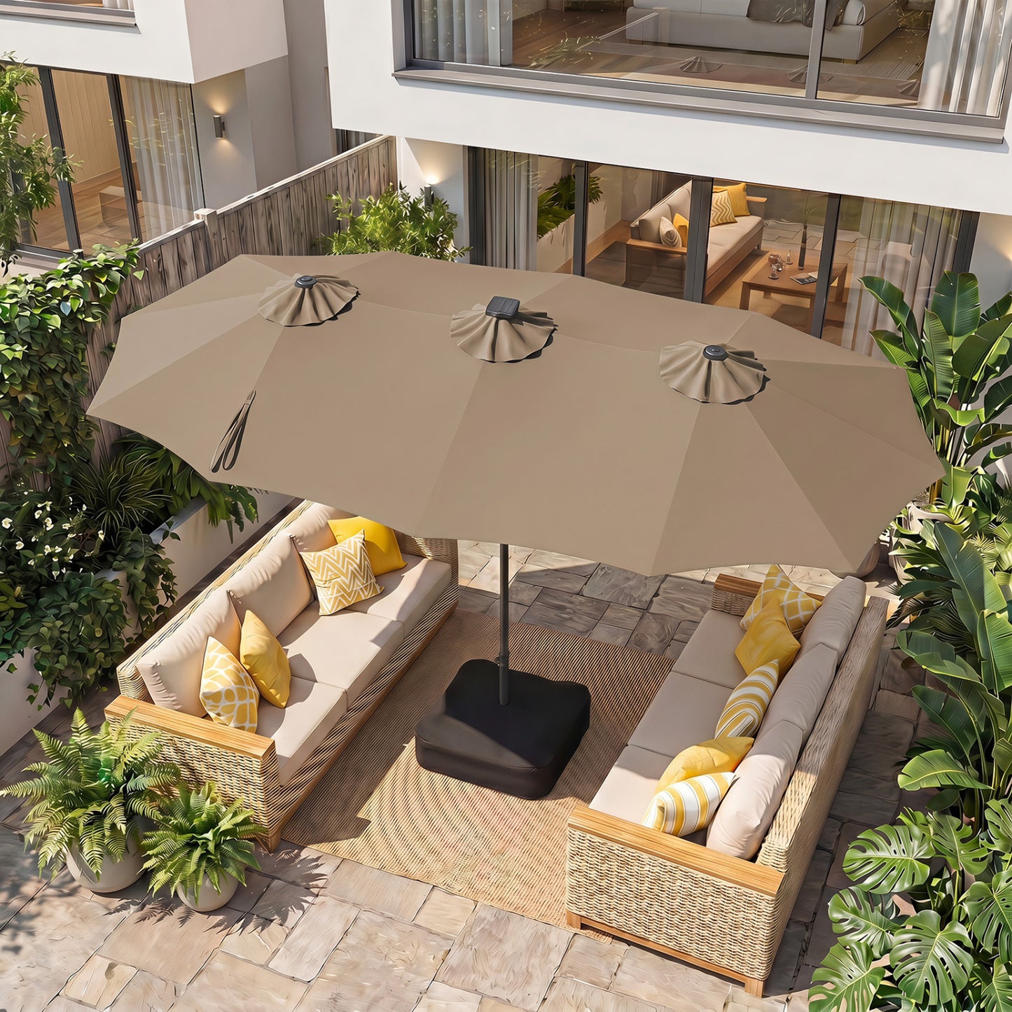 13 FT Double-Sided Patio Umbrella with 108 LED Lights and Base Included, Tan Outdoor Umbrellas at Gallery Canada