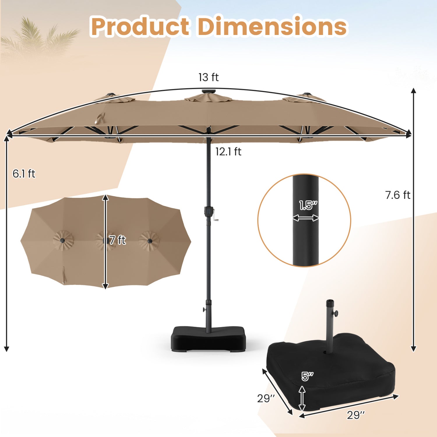 13 FT Double-Sided Patio Umbrella with 108 LED Lights and Base Included, Tan Outdoor Umbrellas at Gallery Canada
