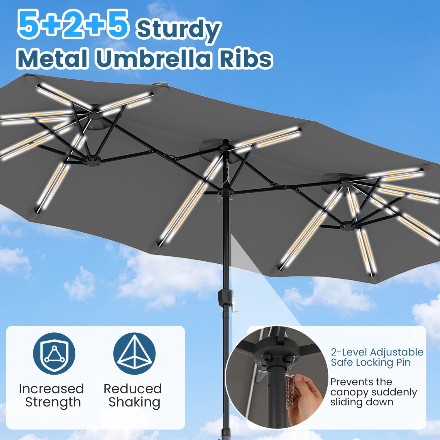 13 Ft Double-Sided Patio Umbrella With 108 LED Lights, Gray Outdoor Umbrellas at Gallery Canada