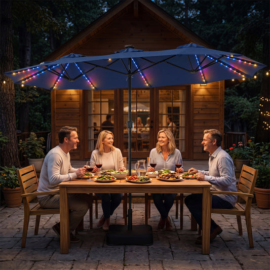 13 FT Double-Sided Patio Umbrella with 108 LED Lights and Base Included, Navy Outdoor Umbrellas Navy at Gallery Canada