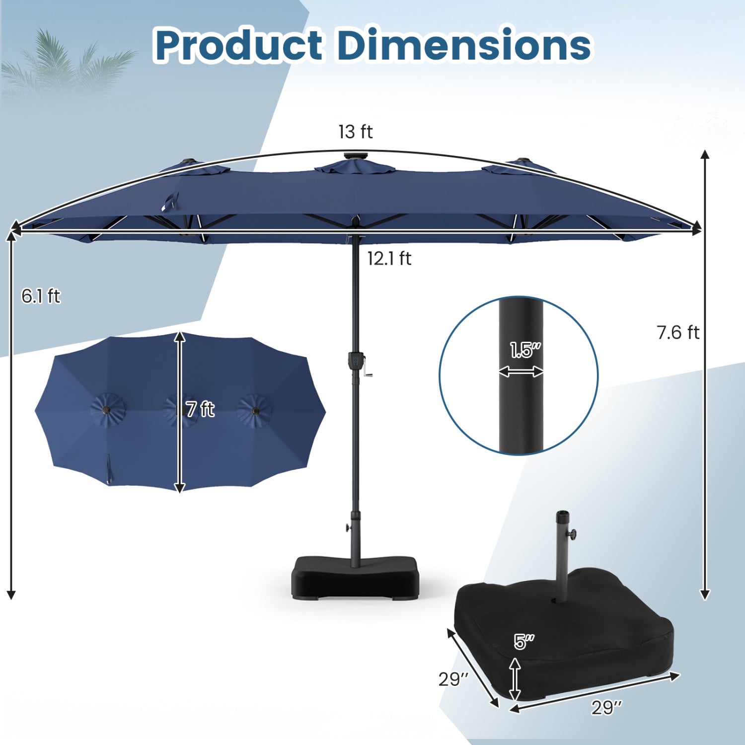 13 FT Double-Sided Patio Umbrella with 108 LED Lights and Base Included, Navy Outdoor Umbrellas at Gallery Canada