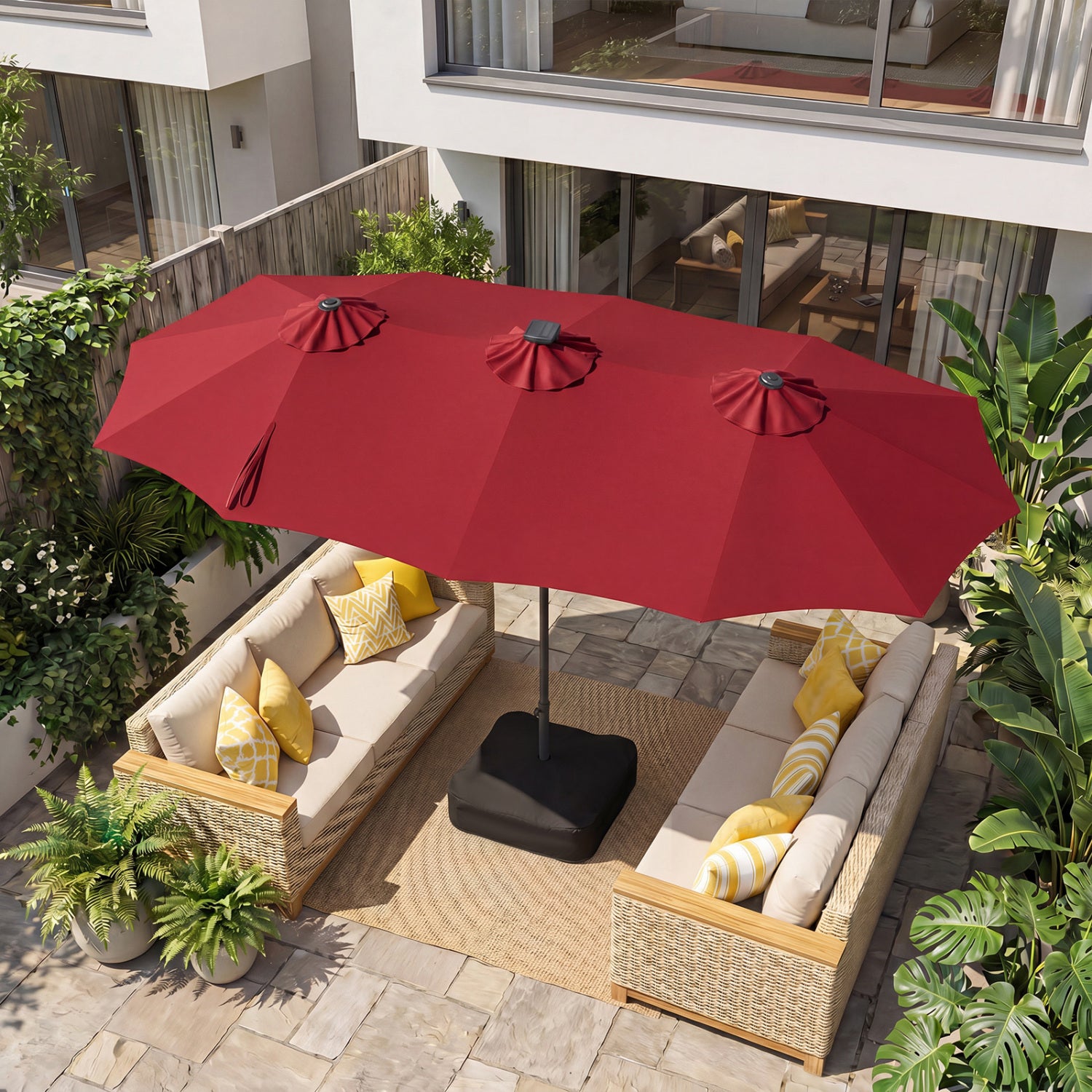13 FT Double-Sided Patio Umbrella with 108 LED Lights and Base Included, Wine Outdoor Umbrellas at Gallery Canada