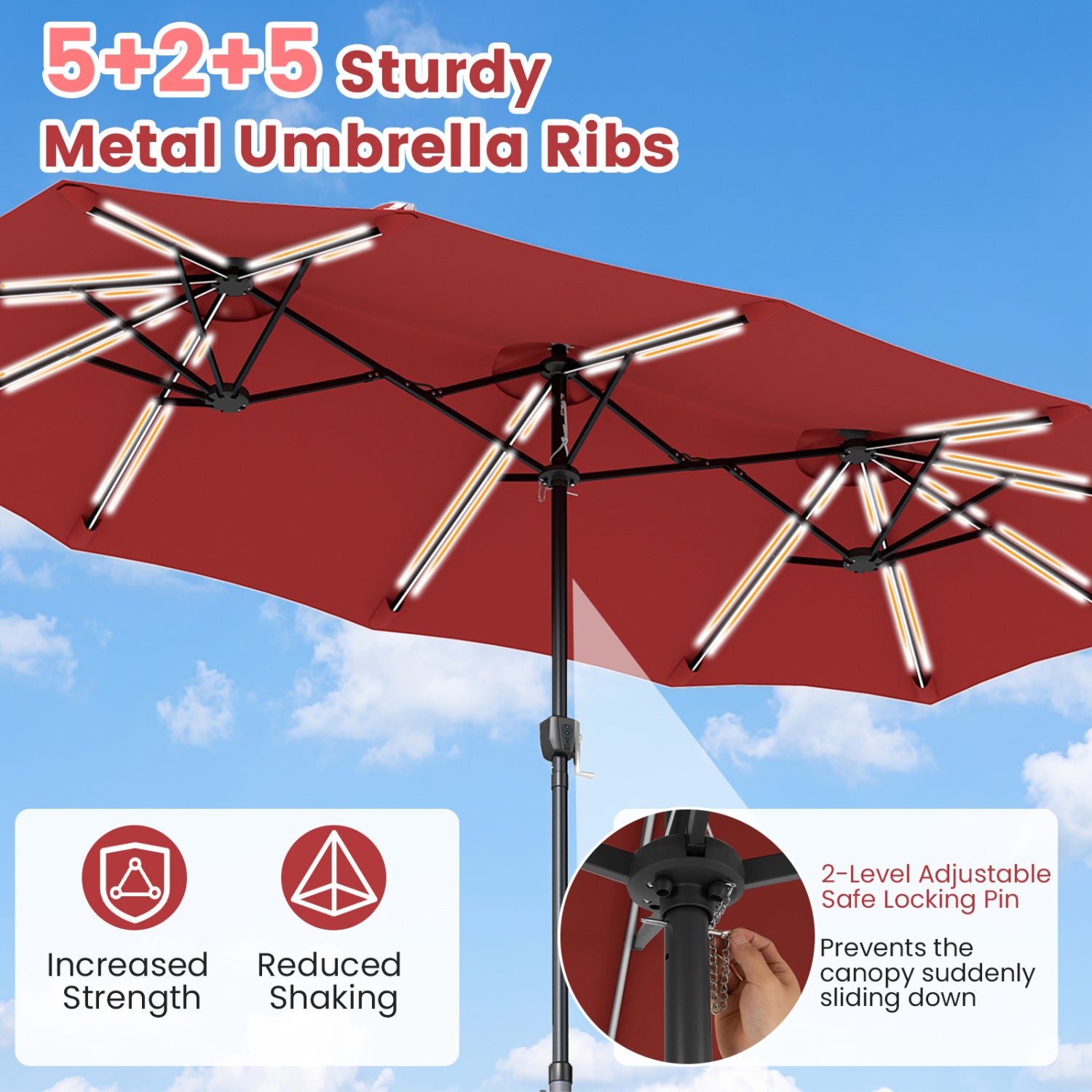 13 FT Double-Sided Patio Umbrella with 108 LED Lights and Base Included, Wine Outdoor Umbrellas at Gallery Canada