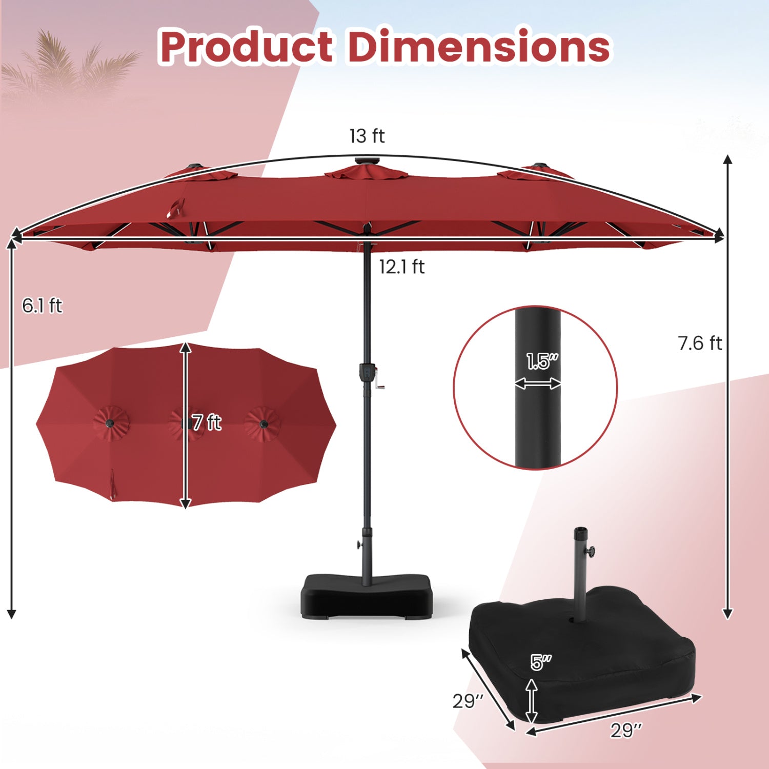 13 FT Double-Sided Patio Umbrella with 108 LED Lights and Base Included, Wine Outdoor Umbrellas at Gallery Canada