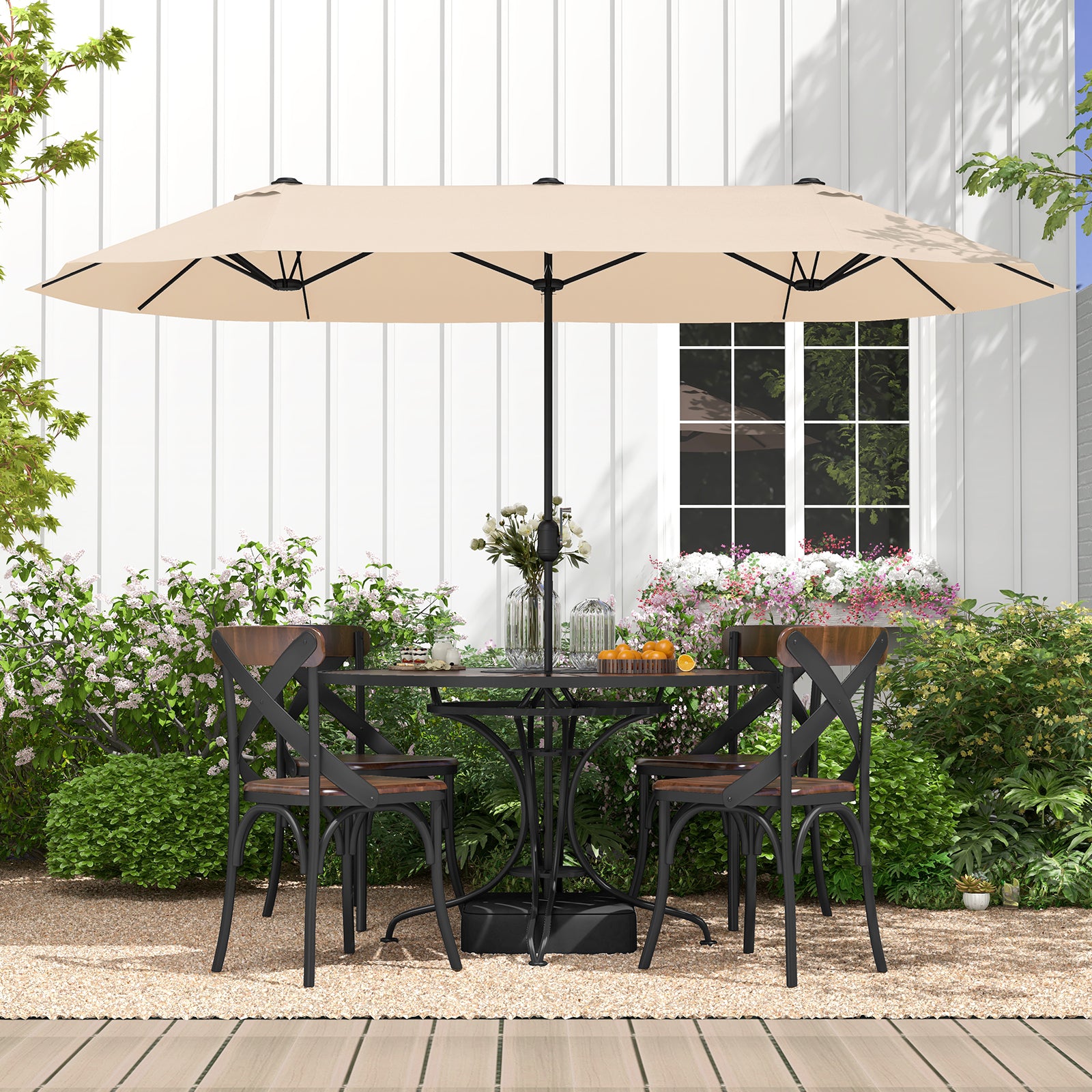 13 Ft Double-Sided Patio Twin Table Umbrella, Crank Handle, Beige Outdoor Umbrellas at Gallery Canada