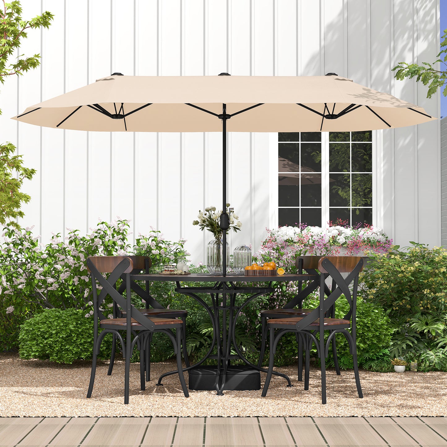 13 Ft Double-Sided Patio Twin Table Umbrella, Crank Handle, Beige Outdoor Umbrellas at Gallery Canada
