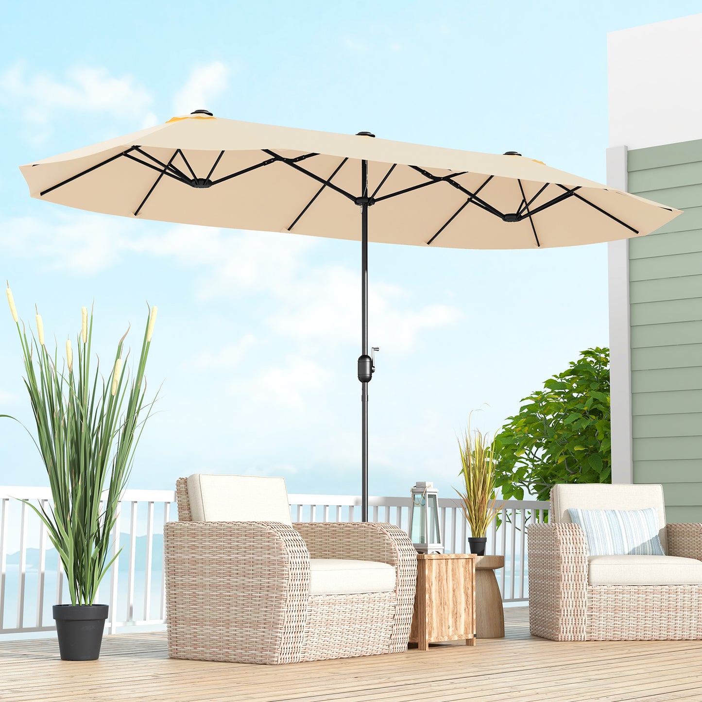 13 Ft Double-Sided Patio Twin Table Umbrella, Crank Handle, Beige Outdoor Umbrellas at Gallery Canada