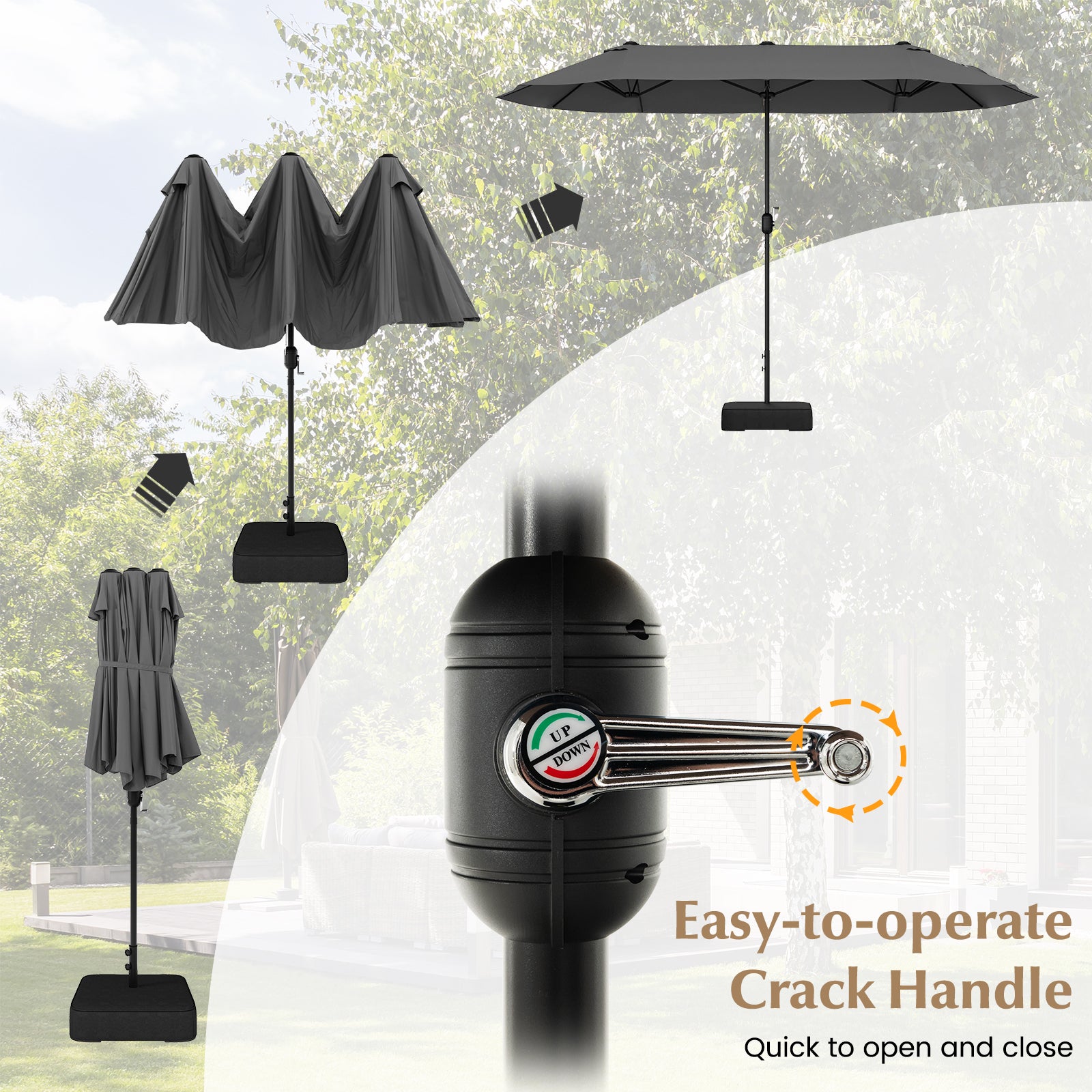 13 Feet Double-Sided Patio Umbrella, Crank Handle, Gray Outdoor Umbrellas at Gallery Canada