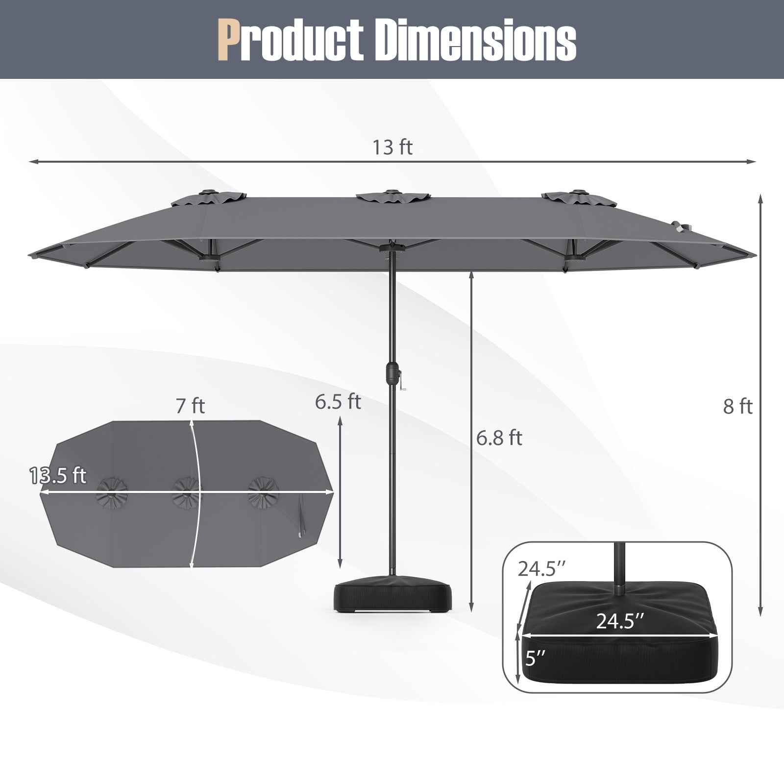 13 Feet Double-Sided Patio Umbrella, Crank Handle, Gray Outdoor Umbrellas at Gallery Canada