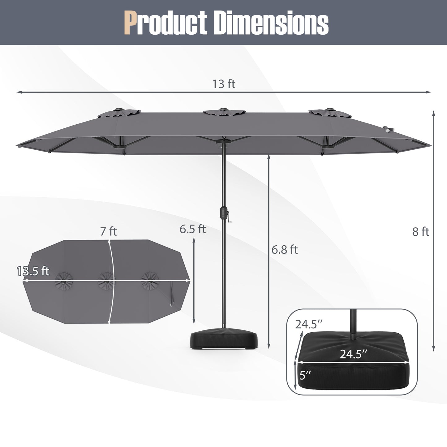 13 Feet Double-Sided Patio Umbrella, Crank Handle, Gray Outdoor Umbrellas at Gallery Canada