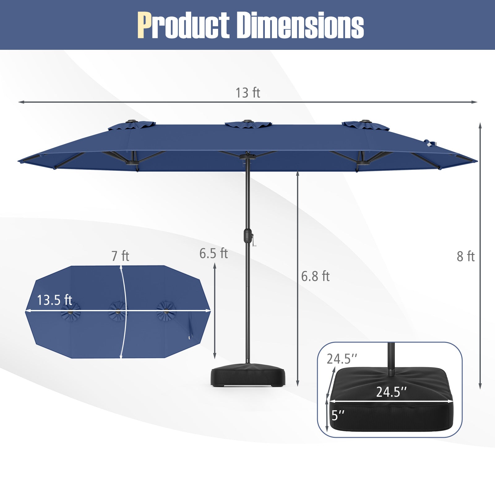 13 Ft Double-Sided Patio Twin Table Umbrella, Navy Outdoor Umbrellas at Gallery Canada