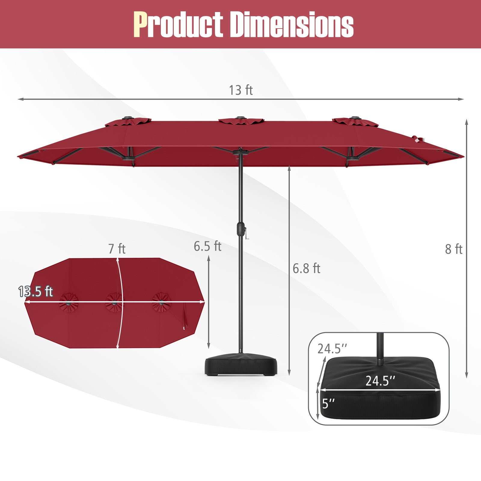 13 Feet Double-Sided Patio Umbrella, Wine Outdoor Umbrellas at Gallery Canada