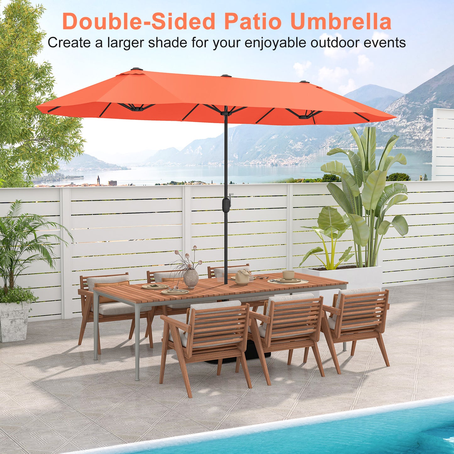 13 Feet Double-Sided Patio Umbrella, Crank Handle, Orange