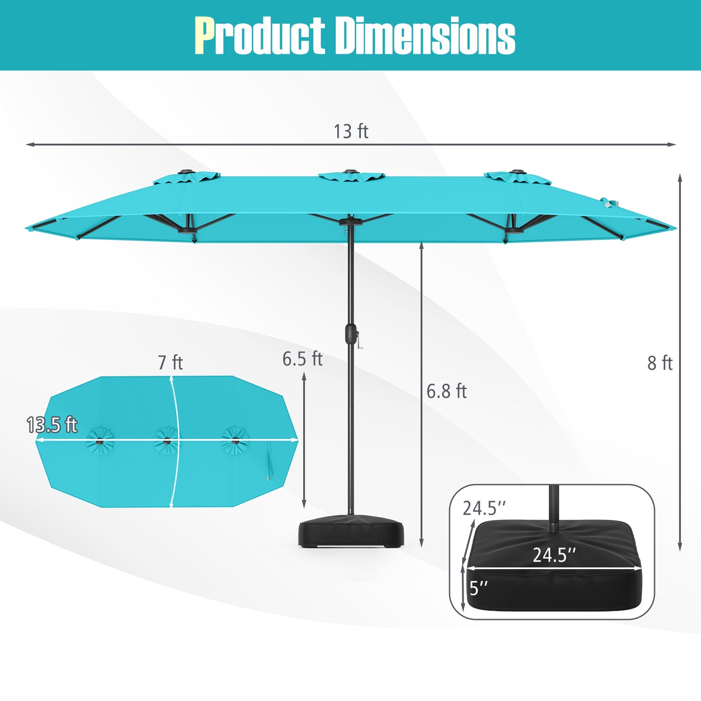 13 Feet Double-Sided Patio Umbrella, With Crank Handle, Turquoise