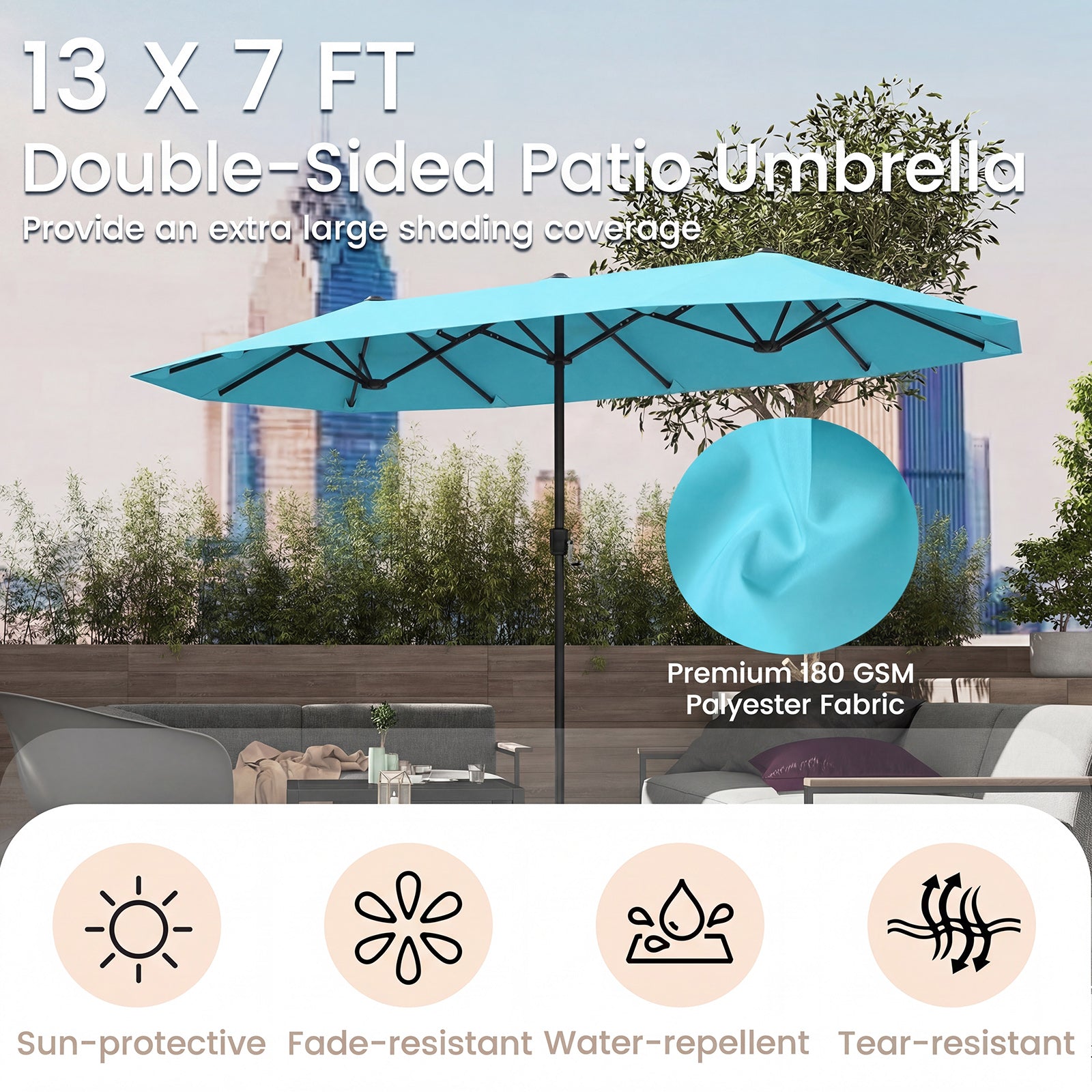 13 Feet Large Patio Umbrella, Crank Handle, Double-Sided, Turquoise Outdoor Umbrellas at Gallery Canada