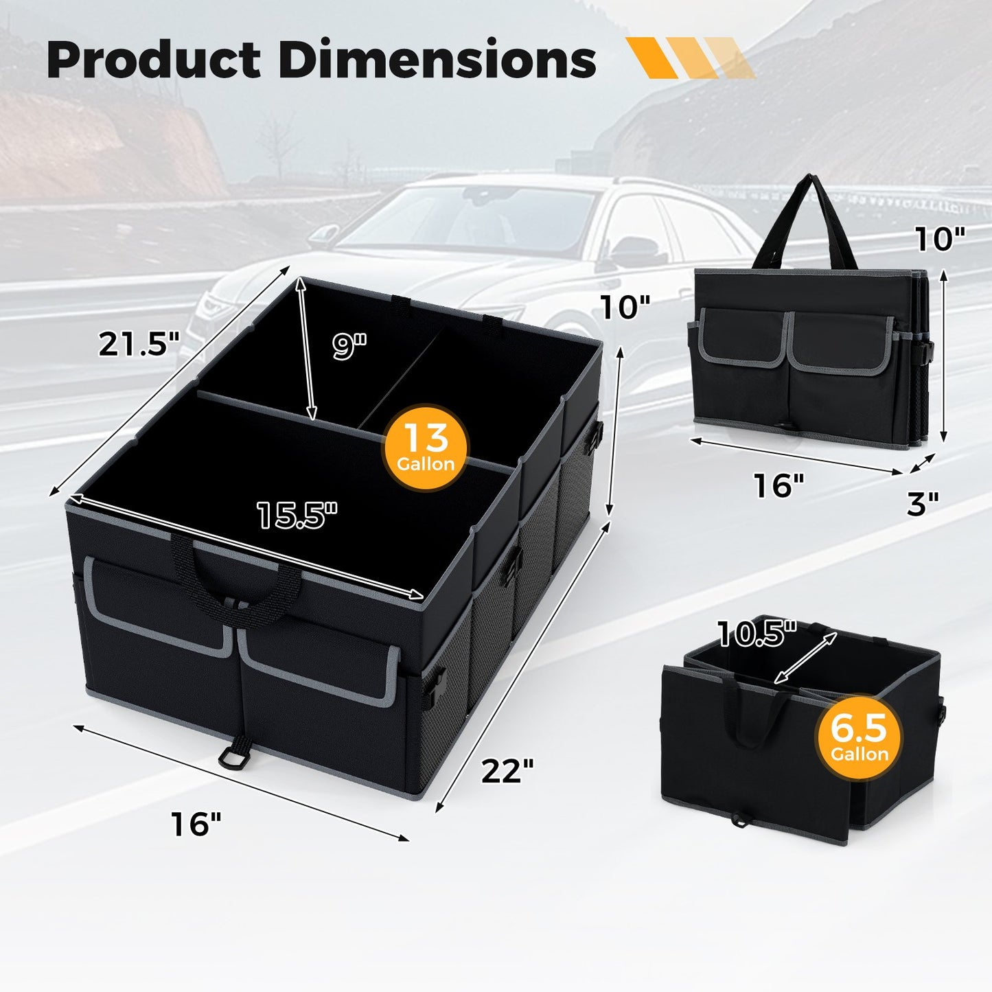 13 Gallon Car Trunk Organizer with Removable Divider and 6 Pockets, Black Garages at Gallery Canada