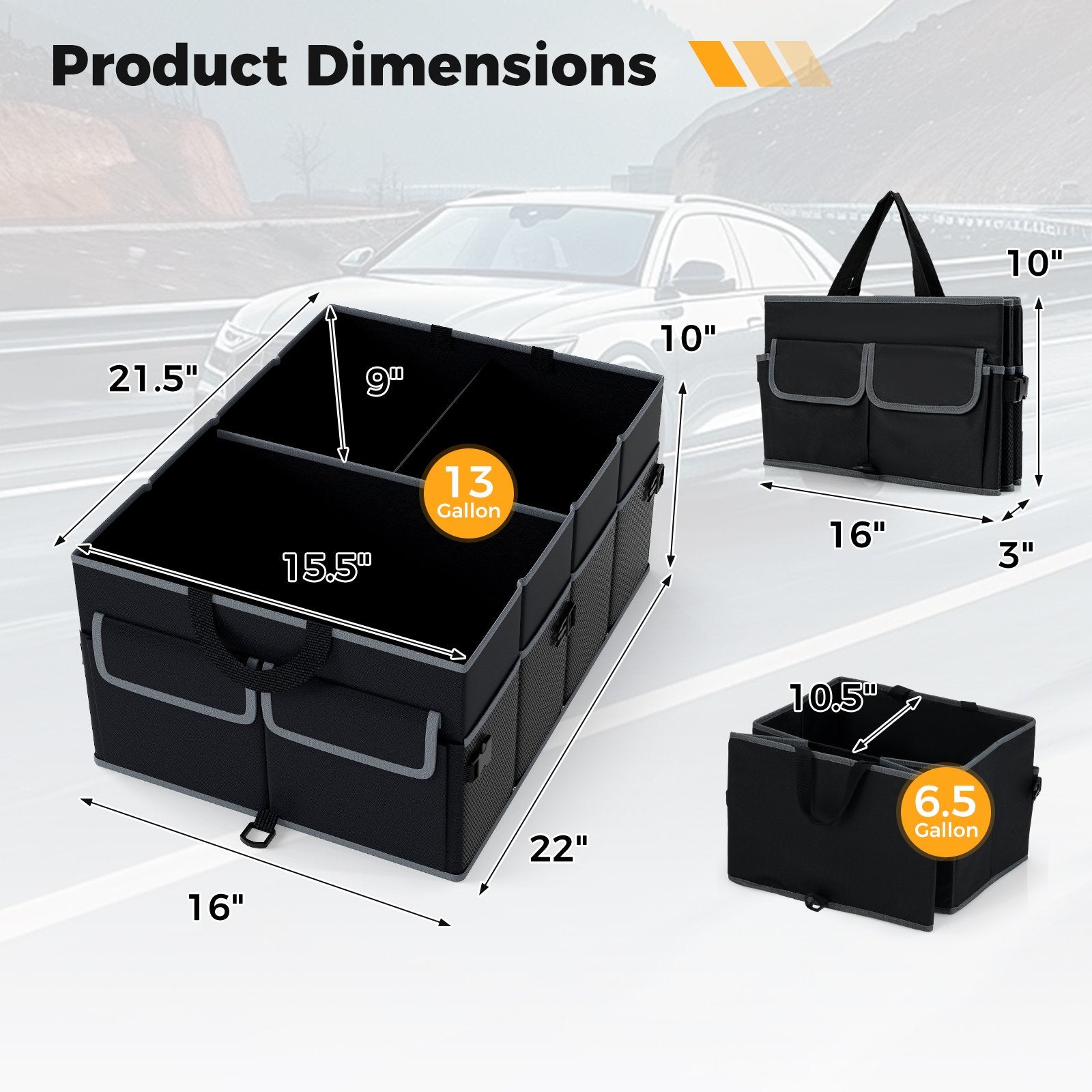 13 Gallon Car Trunk Organizer with Removable Divider and 6 Pockets, Black Garages at Gallery Canada