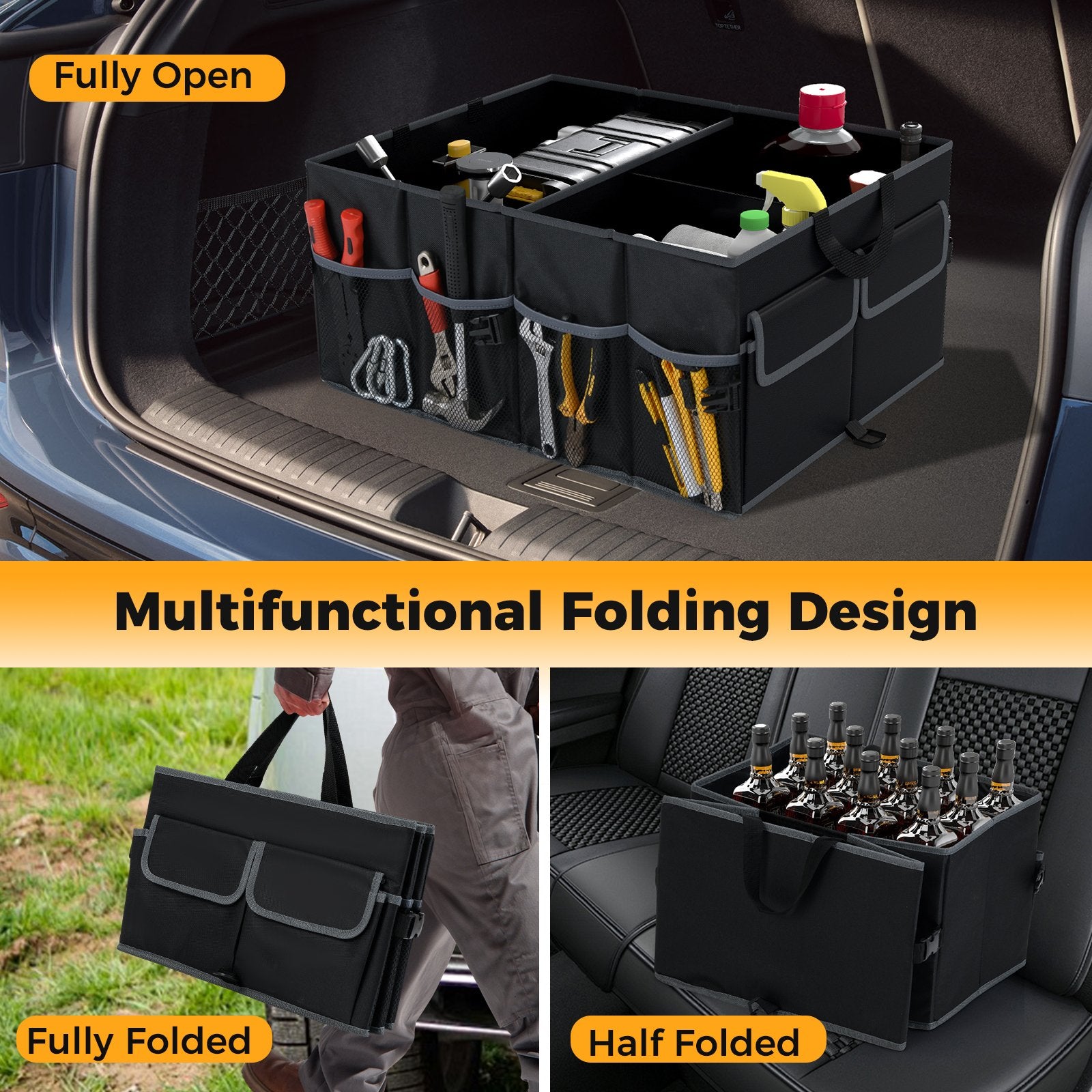 13 Gallon Car Trunk Organizer with Removable Divider and 6 Pockets, Black Garages at Gallery Canada