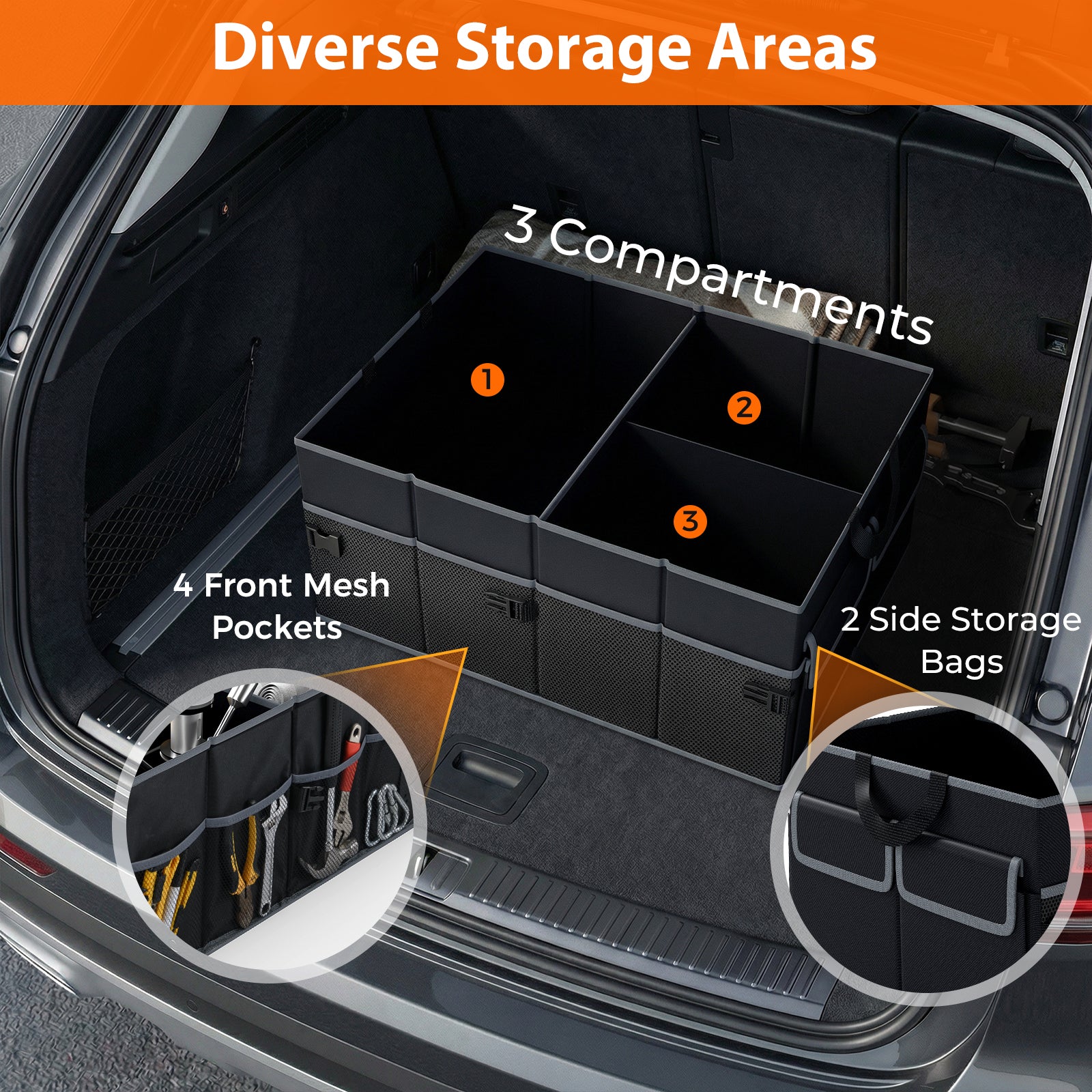 13 Gallon Car Trunk Organizer, Removable Divider, 6 Pockets, Black Garages at Gallery Canada