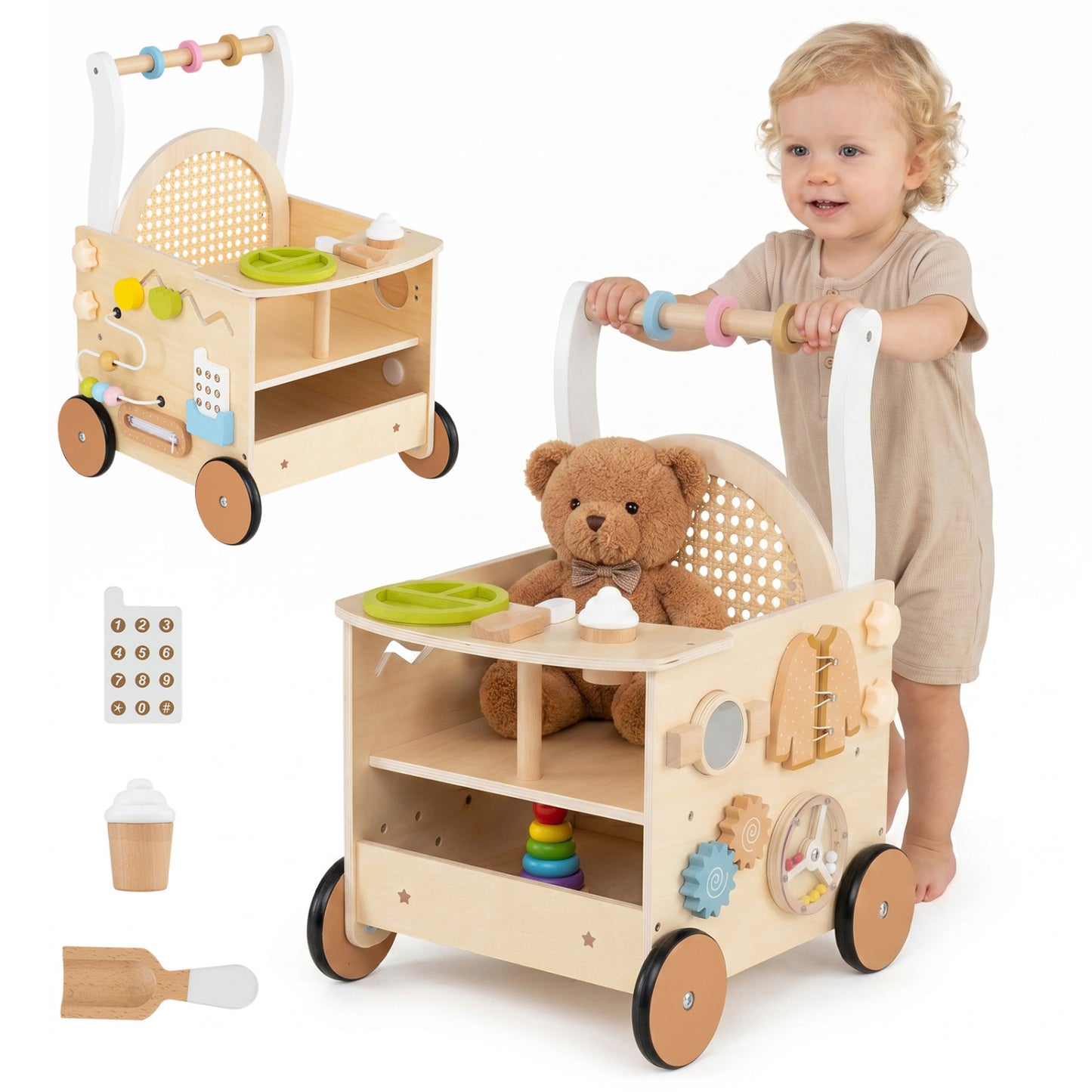 13-In-1 Toddler Wooden Push Walker, Wheels, Storage