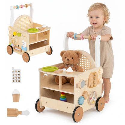 13-In-1 Toddler Wooden Push Walker, Wheels, Storage