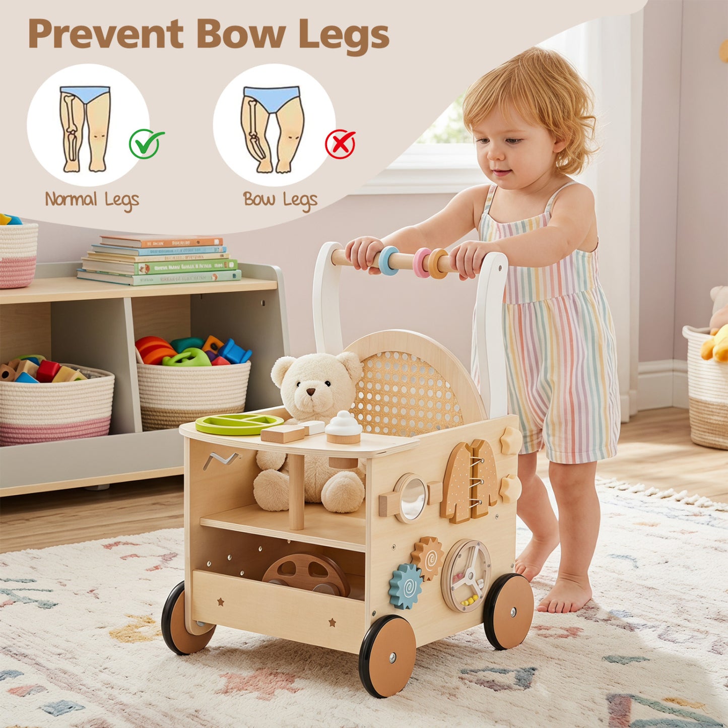 13-In-1 Toddler Wooden Push Walker, Wheels, Storage