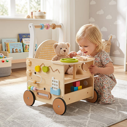 13-In-1 Toddler Wooden Push Walker, Wheels, Storage