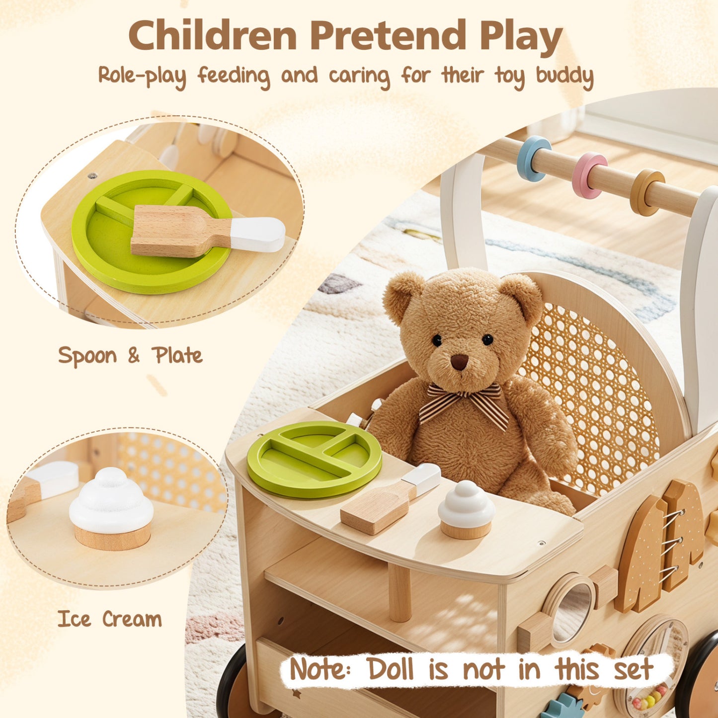 13-In-1 Toddler Wooden Push Walker, Wheels, Storage