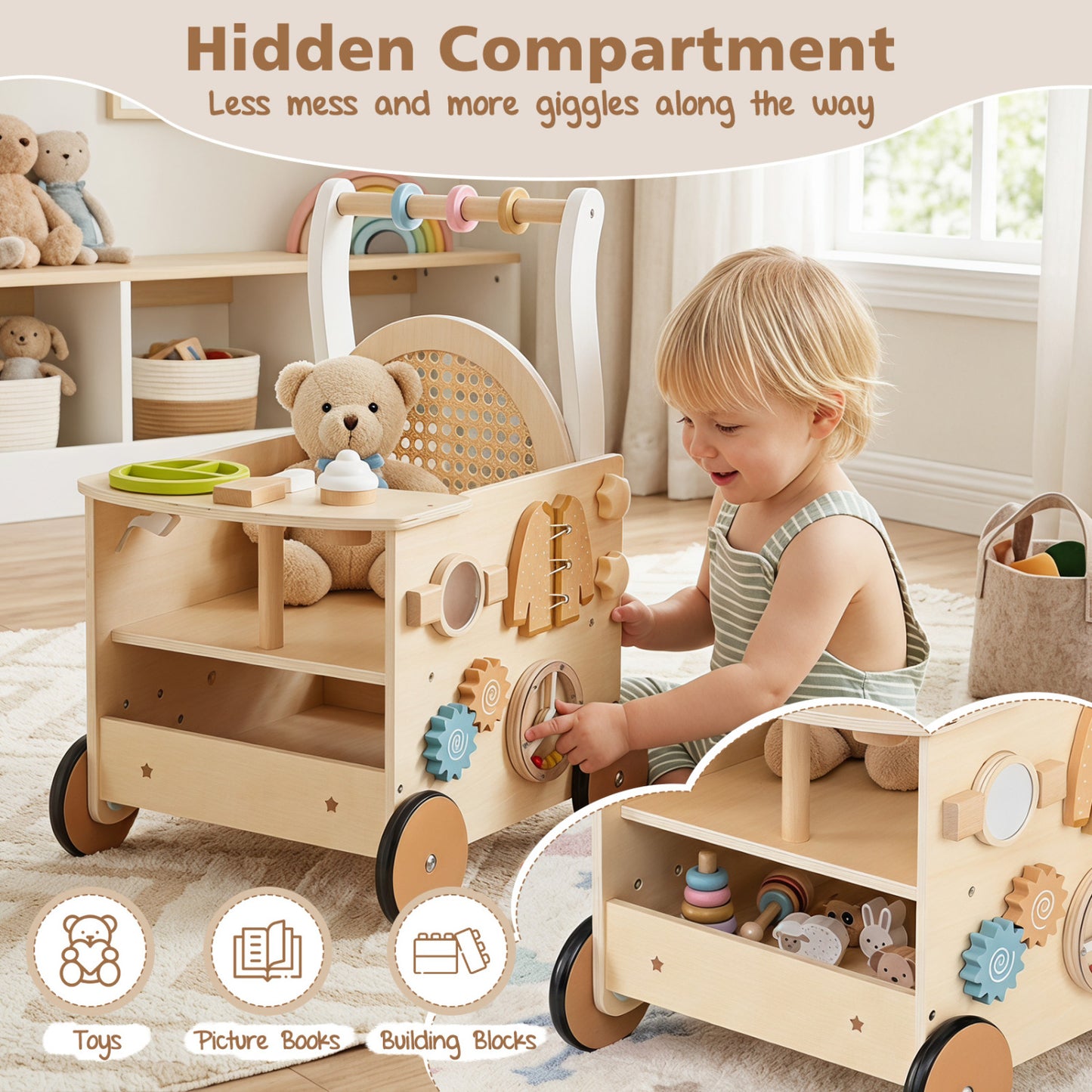13-In-1 Toddler Wooden Push Walker, Wheels, Storage