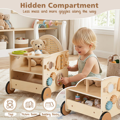 13-In-1 Toddler Wooden Push Walker, Wheels, Storage