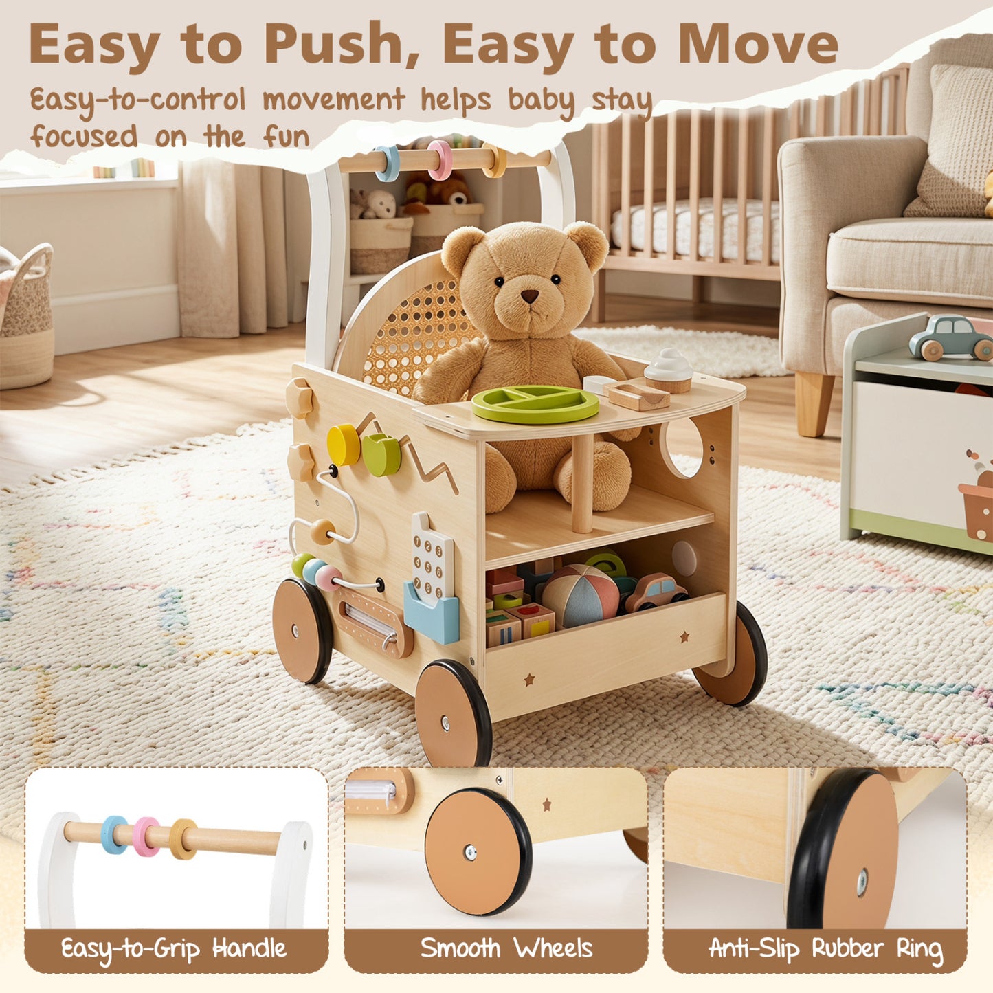13-In-1 Toddler Wooden Push Walker, Wheels, Storage