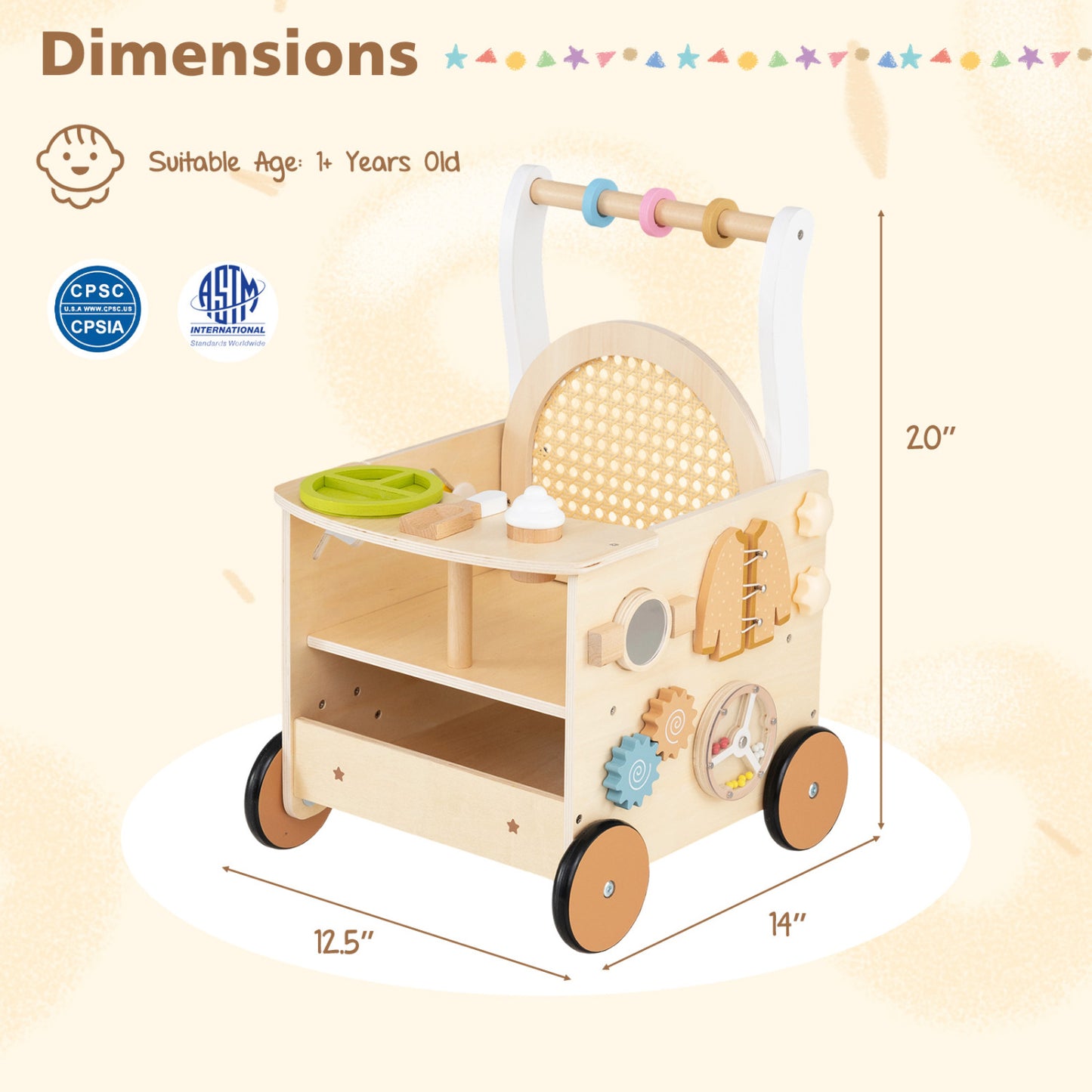 13-In-1 Toddler Wooden Push Walker, Wheels, Storage