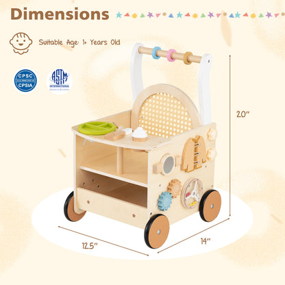 13-In-1 Toddler Wooden Push Walker, Wheels, Storage