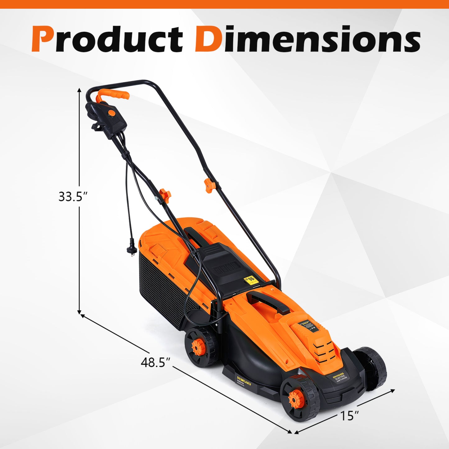 Tondeuse à gazon filaire de 13 pouces, 12 ampères, hauteur réglable sur 3 positions, orange