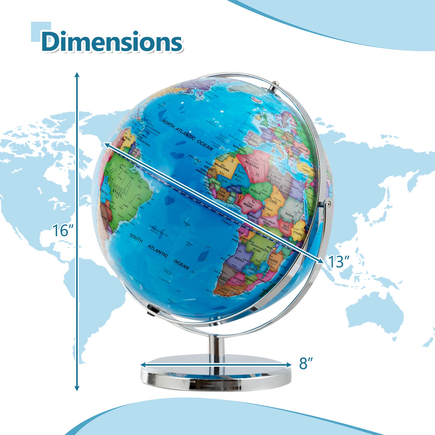 13 Inch Illuminated World Globe, 720° Rotating Map, LED Light, Blue