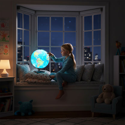 13 Inch Illuminated World Globe, 720° Rotating Map, LED Light, Blue