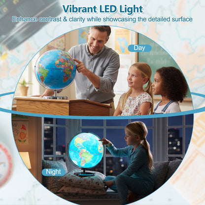 13 Inch Illuminated World Globe, 720° Rotating Map, LED Light, Blue