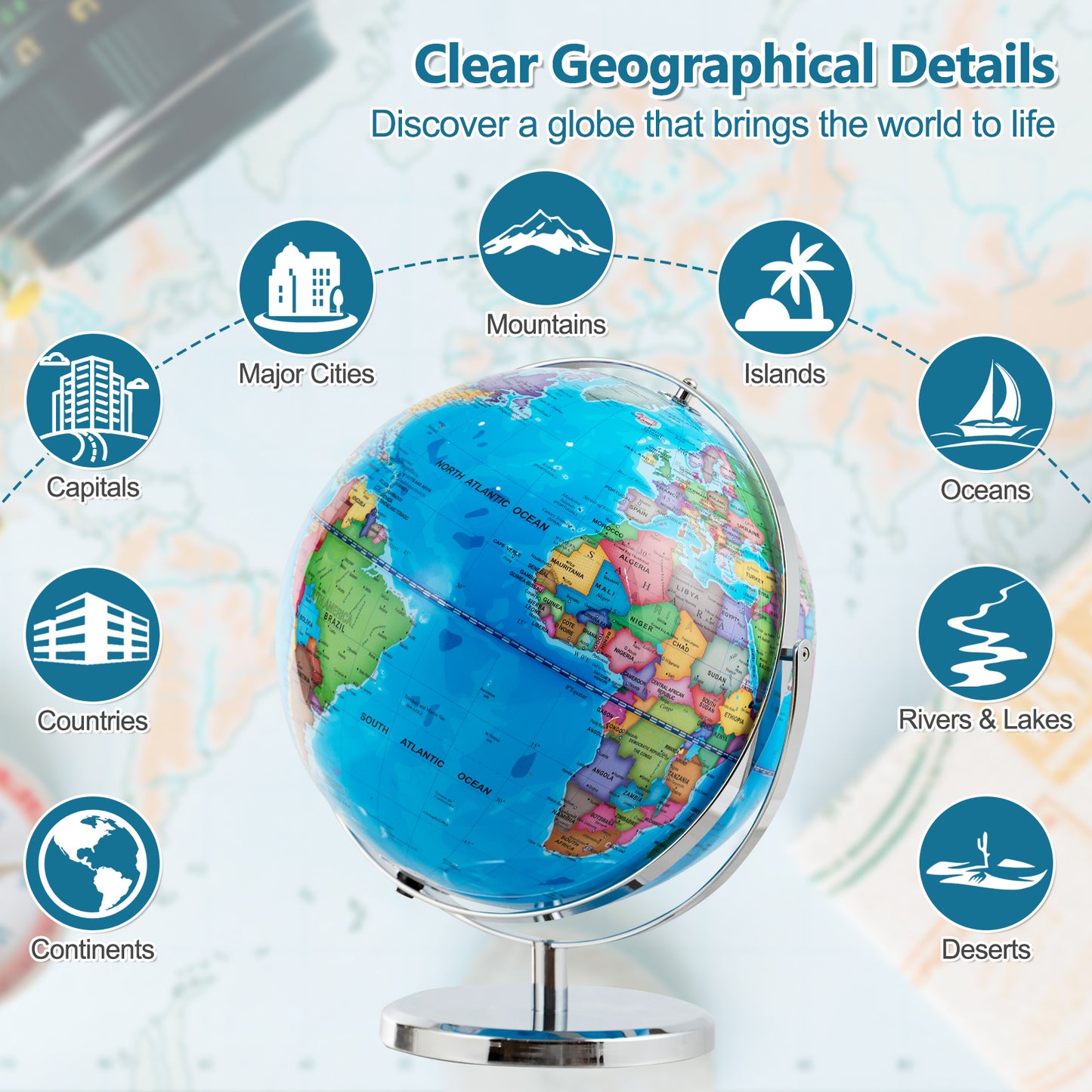 13 Inch Illuminated World Globe, 720° Rotating Map, LED Light, Blue