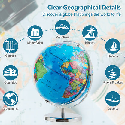 13 Inch Illuminated World Globe, 720° Rotating Map, LED Light, Blue