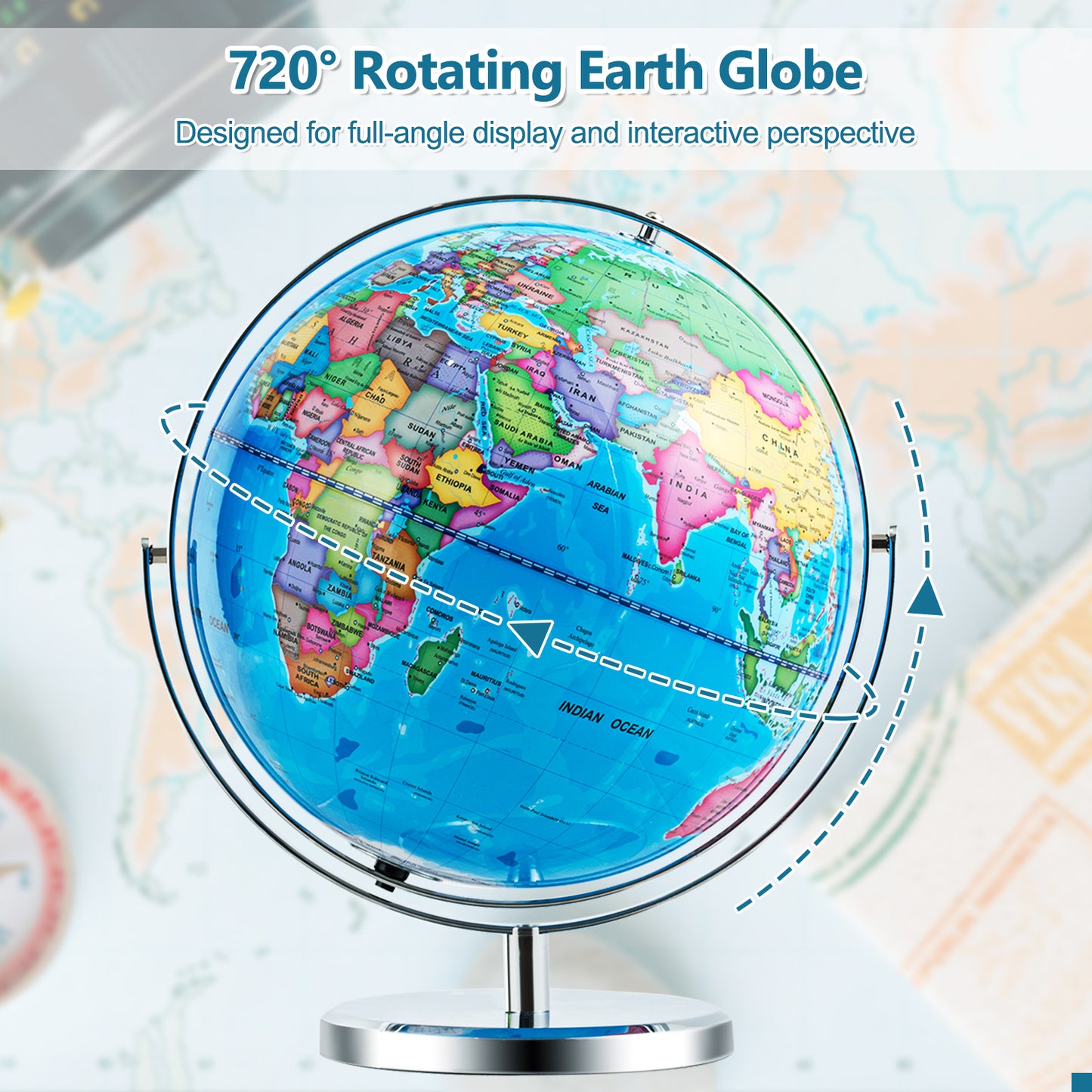 13 Inch Illuminated World Globe, 720° Rotating Map, LED Light, Blue