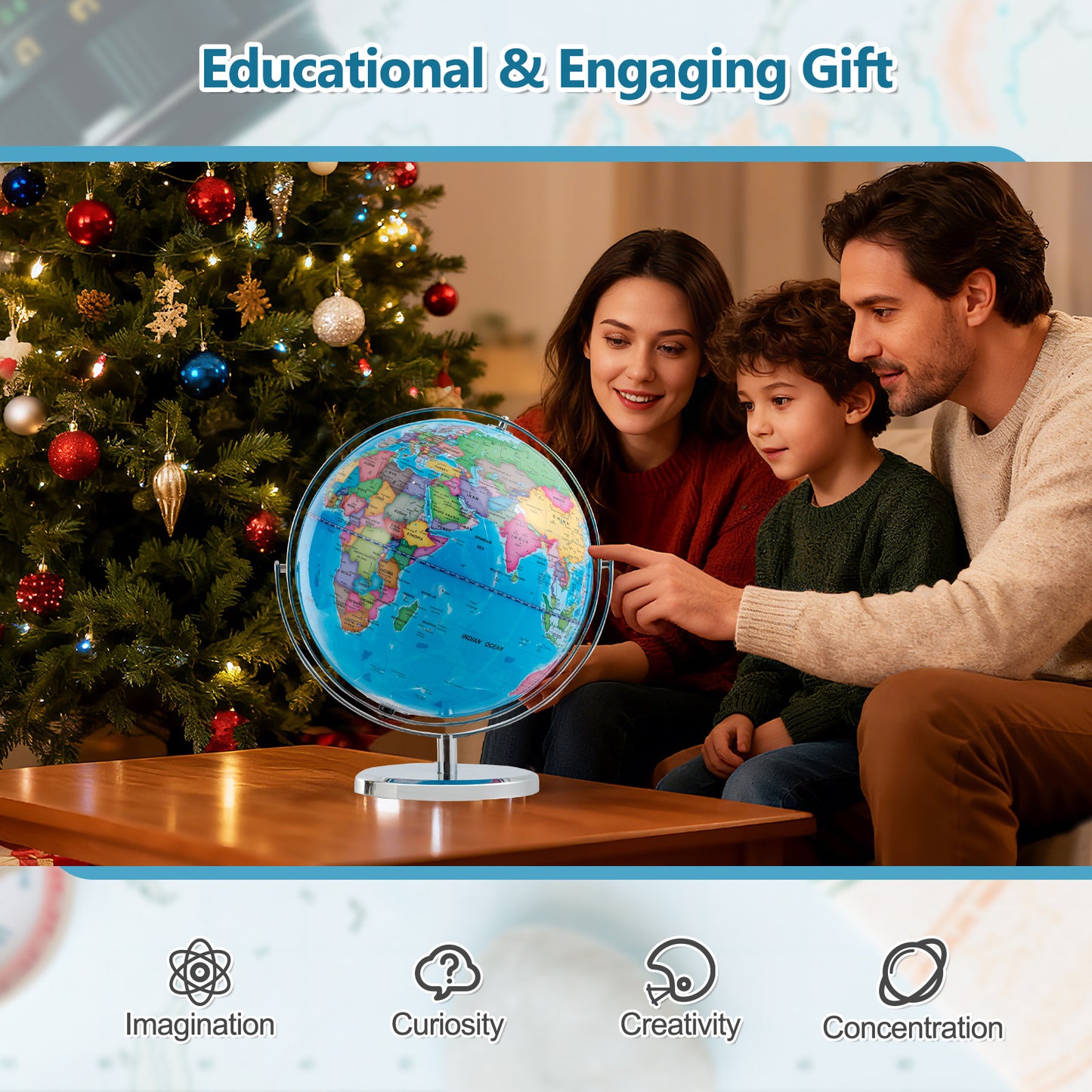 13 Inch Illuminated World Globe, 720° Rotating Map, LED Light, Blue