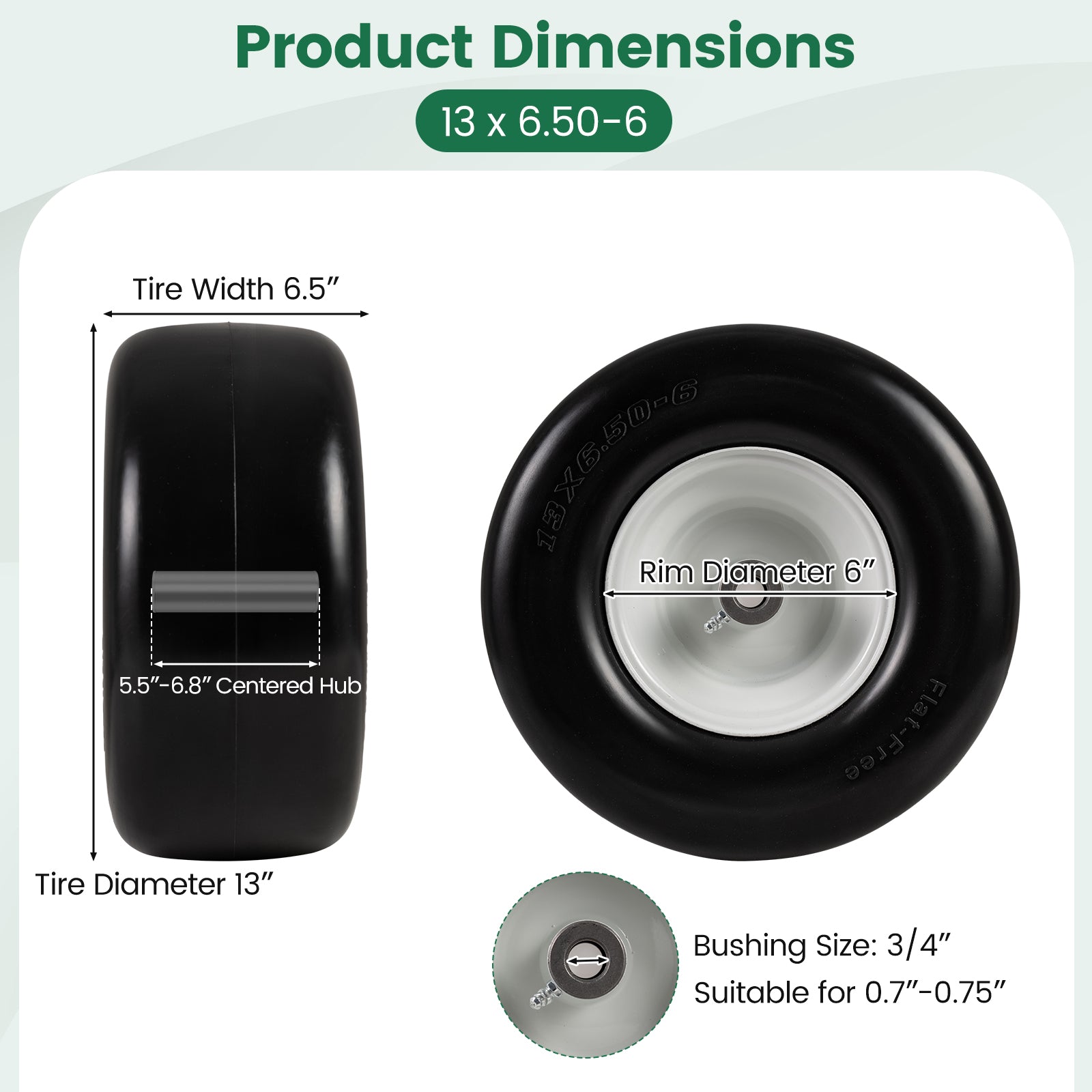 13 x 6.50-6 Flat Free Tires and Wheels 2 Pack Solid Rubber Tires, White Garden Tools at Gallery Canada