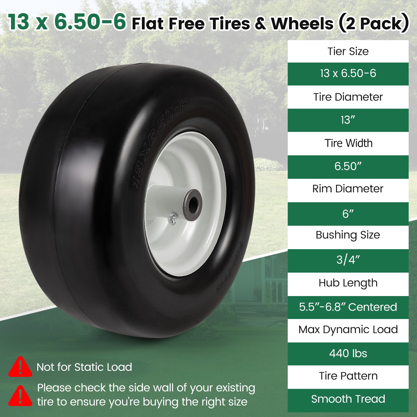 13 x 6.50-6 Flat Free Tires and Wheels 2 Pack Solid Rubber Tires, White Garden Tools at Gallery Canada