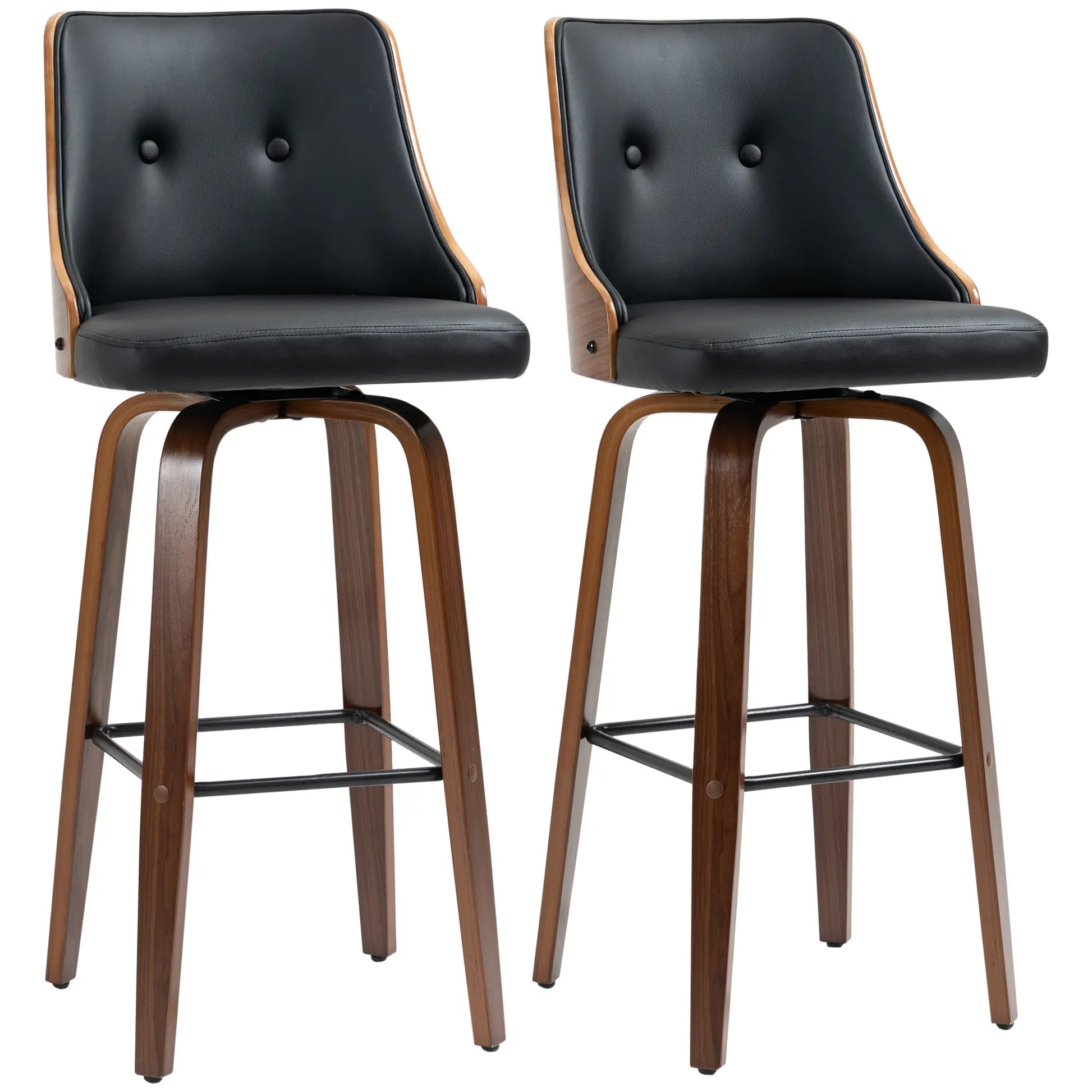 PU Leather Swivel Bar Stools, Set of 2, Solid Wood Legs, Black Bar Stools at Gallery Canada