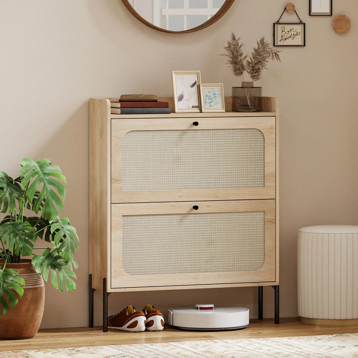 Shoe Cabinet With 2 Flip Drawers, Narrow Storage, Oak