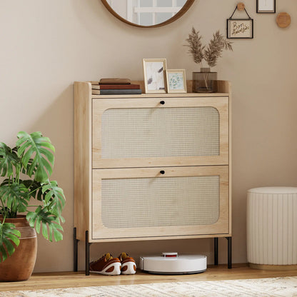 Shoe Cabinet With 2 Flip Drawers, Narrow Storage, Oak
