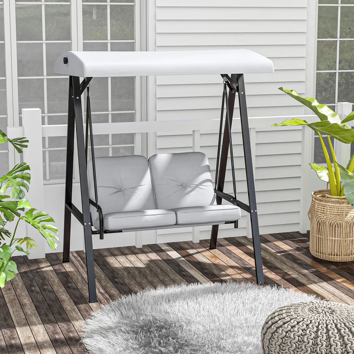 2-Seater Outdoor Porch Swing, Adjustable Canopy, Grey Patio Swings with Stand at Gallery Canada