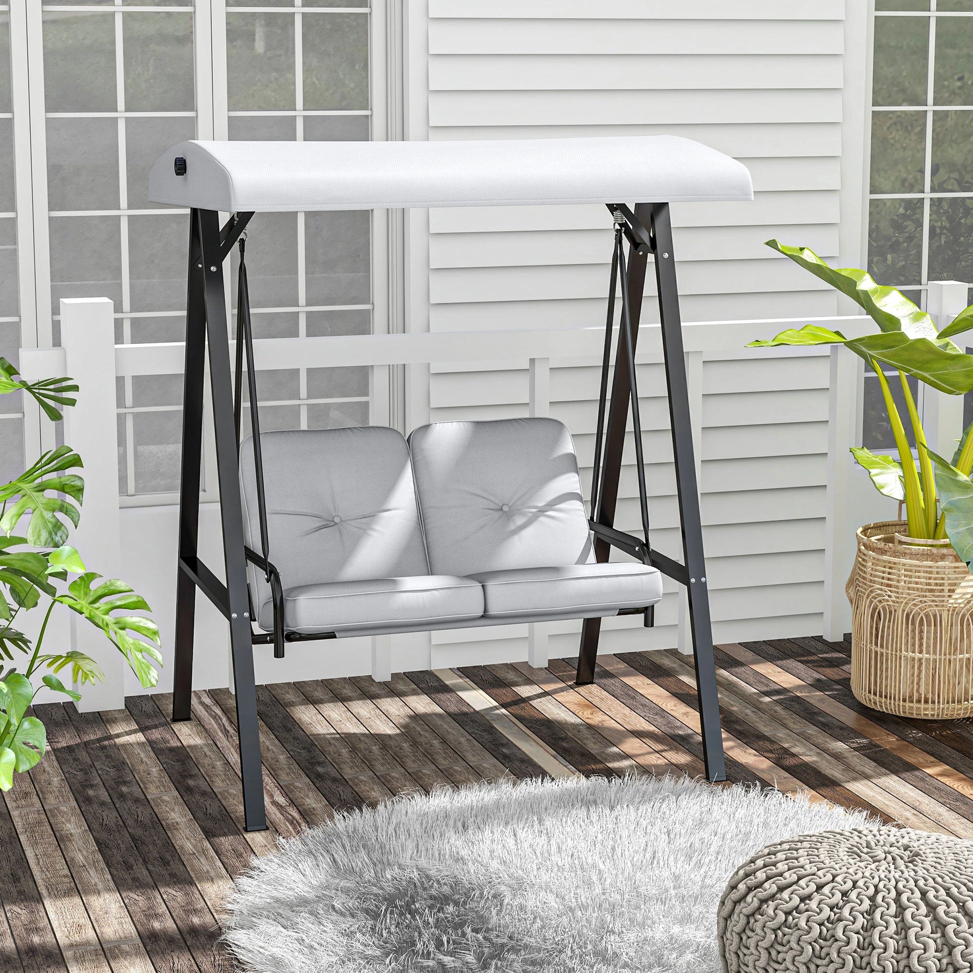 2-Seater Outdoor Porch Swing, Adjustable Canopy, Grey Patio Swings with Stand at Gallery Canada