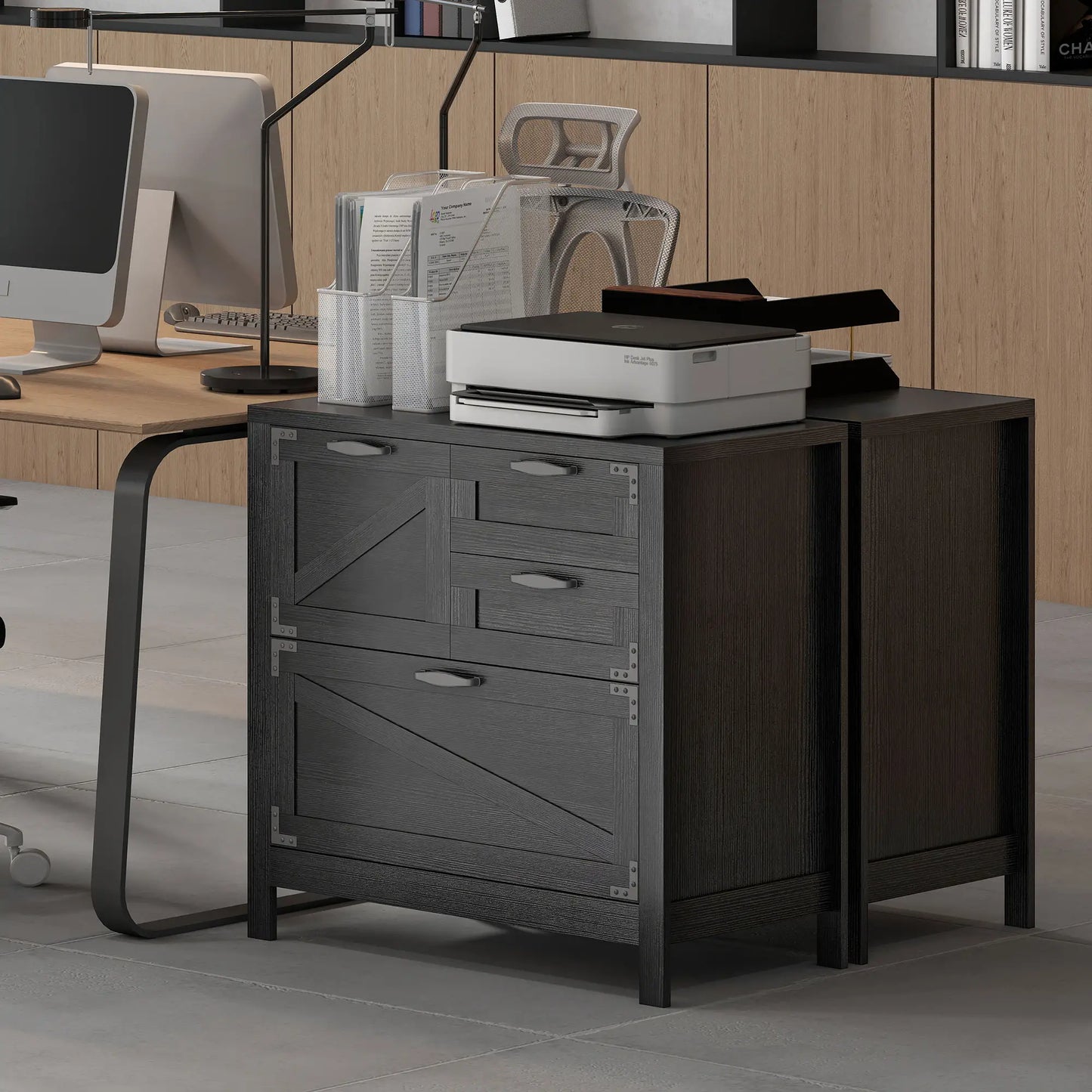 Lateral Filing Cabinet, 4 Drawers, Fits Letter/A4/Legal Files, Black Wood Grain, Black Office Cabinets & Cupboards at Gallery Canada