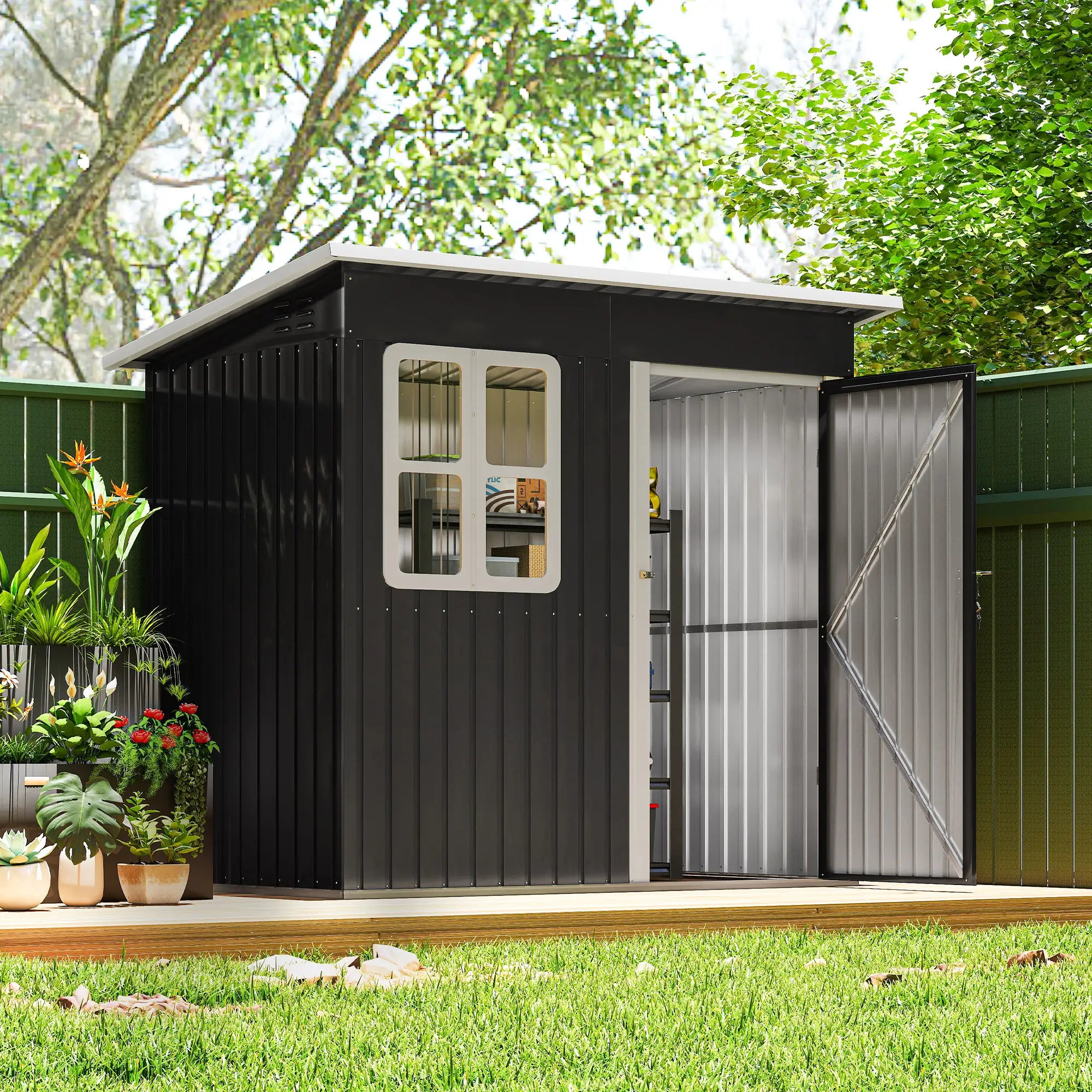 7' x 4' Galvanised Steel Outdoor Storage Shed, Window, Lockable Door, Dark Grey Sheds at Gallery Canada